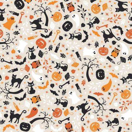 Halloween Fabric - Cream Cats and Ghosts - Maywood Studio - Pumpkins & Potions by Kimberbell Collection - #10571M-E - Cotton