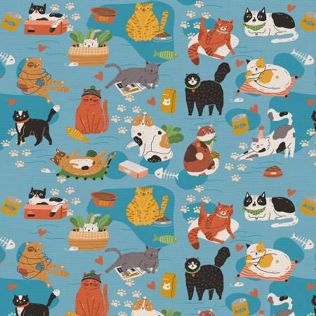 Paintbrush Studios Cat Fabric - Here Kitty, Kitty Feline Frenzy Blue - #120-24962 - Cat - Cotton Fabric