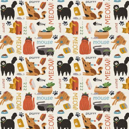 Paintbrush Studios Cat Fabric - Here Kitty, Kitty Meow Cream - #120-24964 - Cat - Cotton Fabric