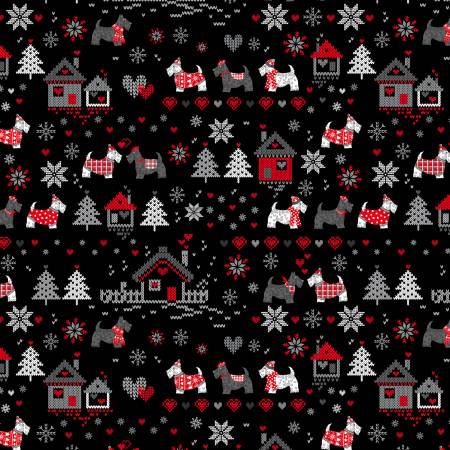 Benartex Dog Fabric - Black Snow in Love - Knit & Caboodle by Kanvas Studio Collection - #12759B-12 - Cotton Fabric