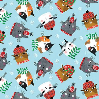 Benartex Cat Fabric -Meowy Christmas by Terry Runyan - Light Turquoise Cat Christmas Toss - #16234B-80 - Cotton Fabric