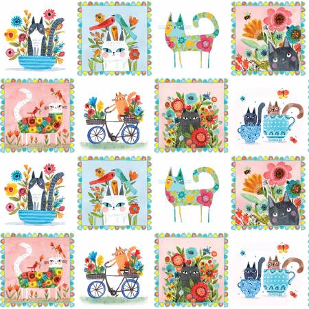 Benartex Cat Fabric -Garden Cats Squares Multi - Garden Cats by Terry Runyan Collection - #16345B-99 - Cotton Fabric