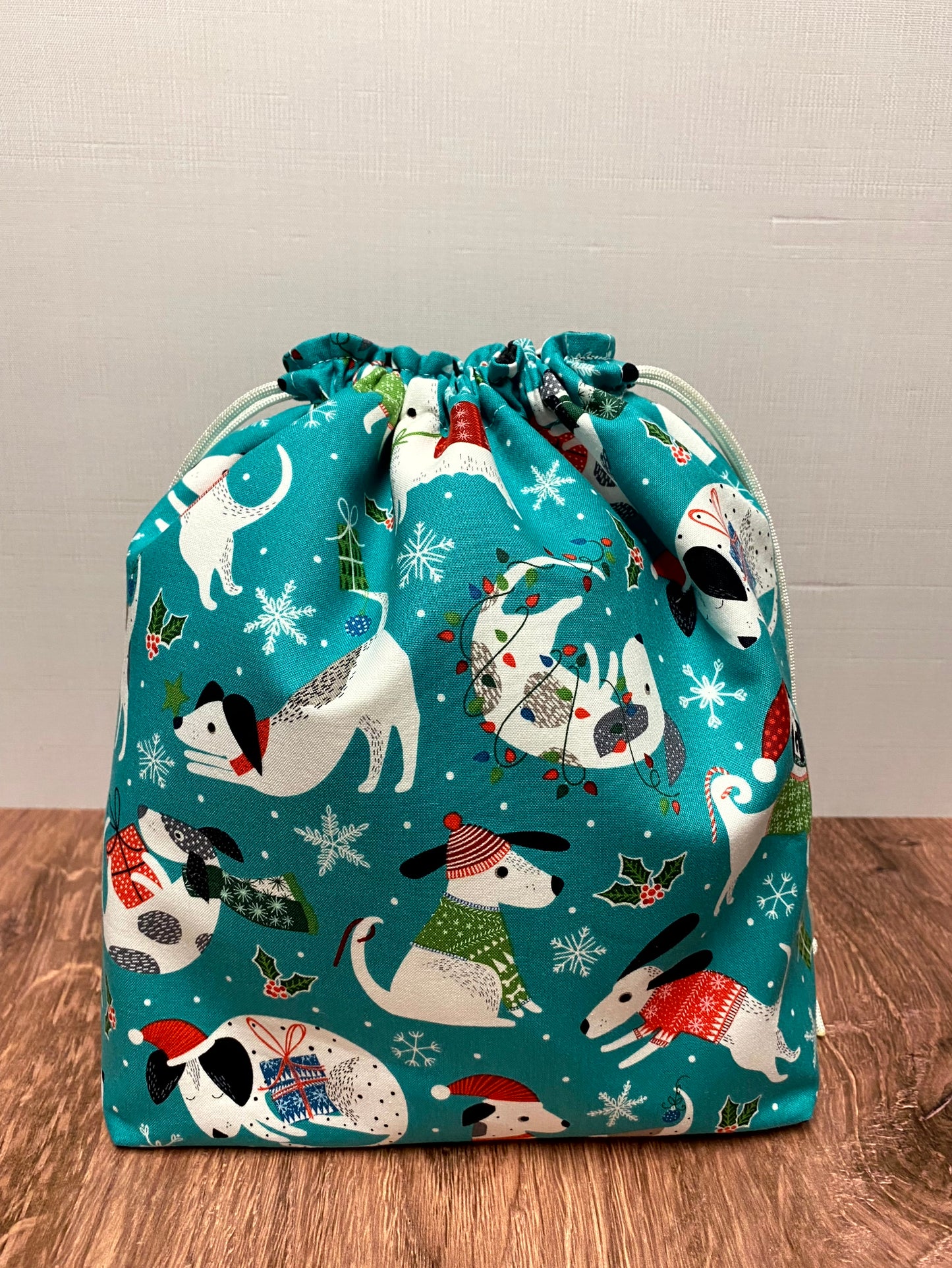 Dog Project Bag - Drawstring Bag – Crochet Bag - Knitting Bag - Cross Stitch Bag - Christmas - Holiday - Pug - Terrier