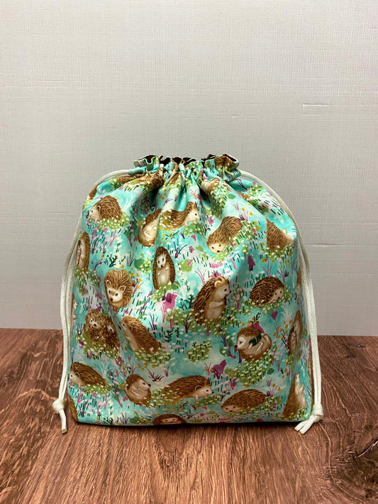 Hedgehog Project Bag (GREEN) - Handmade - Drawstring Bag – Knitting Bag – Crochet Bag - Cross Stitch Bag - Toy Sack - Bingo Bag - Hedgehogs