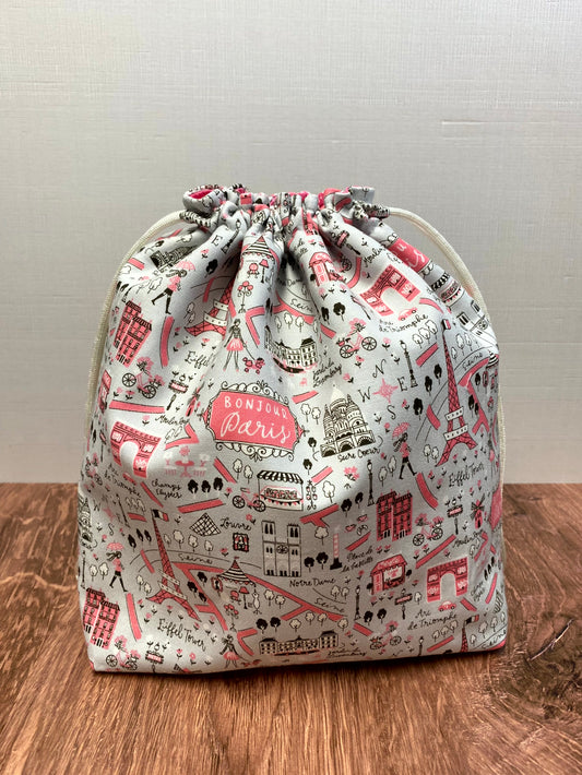 Paris Project Bag - Drawstring Bag – Knitting Bag – Crochet Bag - Toy Sack - Bingo Bag – Cross Stitch Bag - France - Bonjour - Eiffel Tower