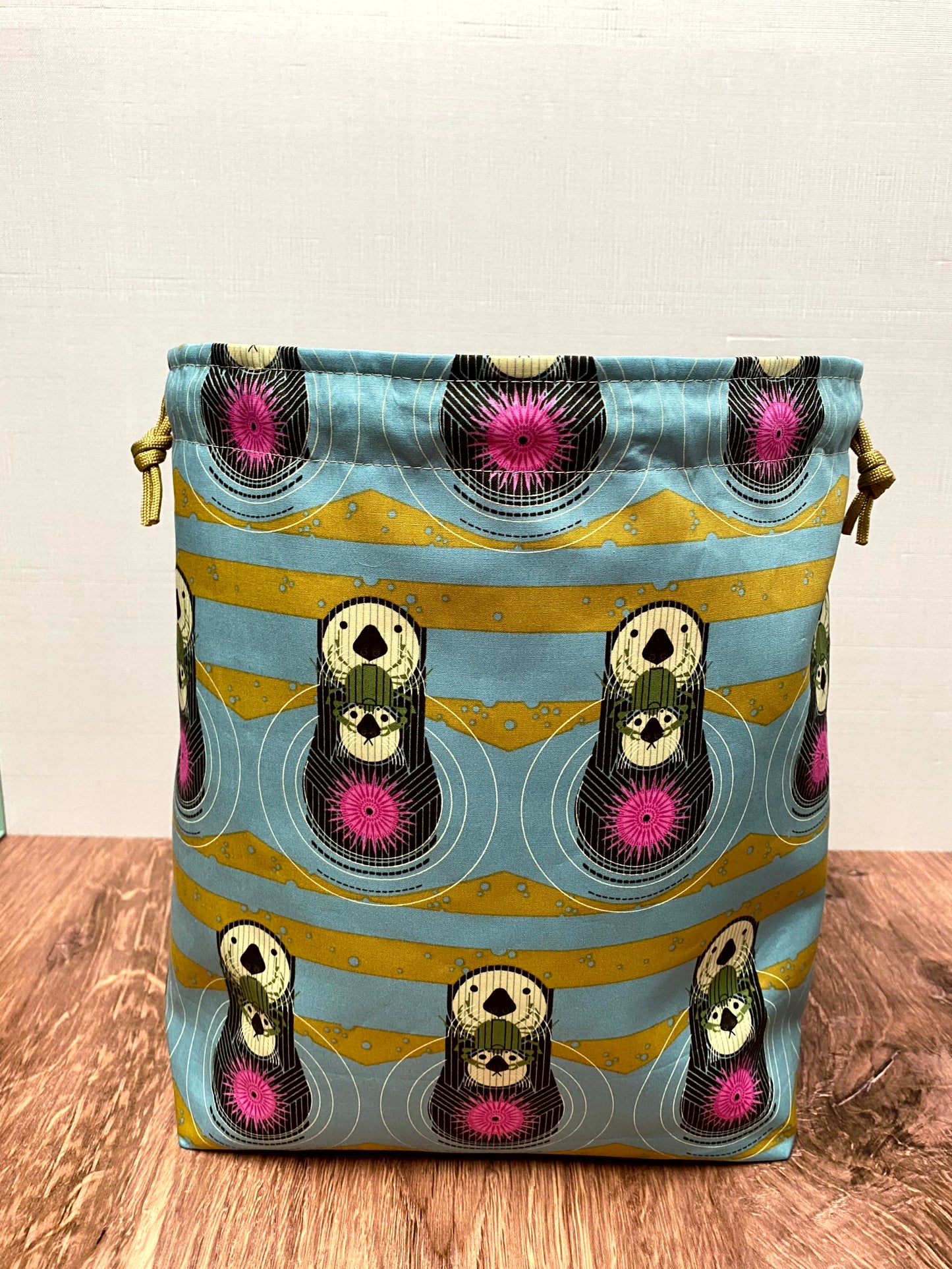 Otter Project Bag - Handmade - Drawstring Bag – Crochet Bag - Knitting Bag - Cross Stitch Bag - Animal - Zoo