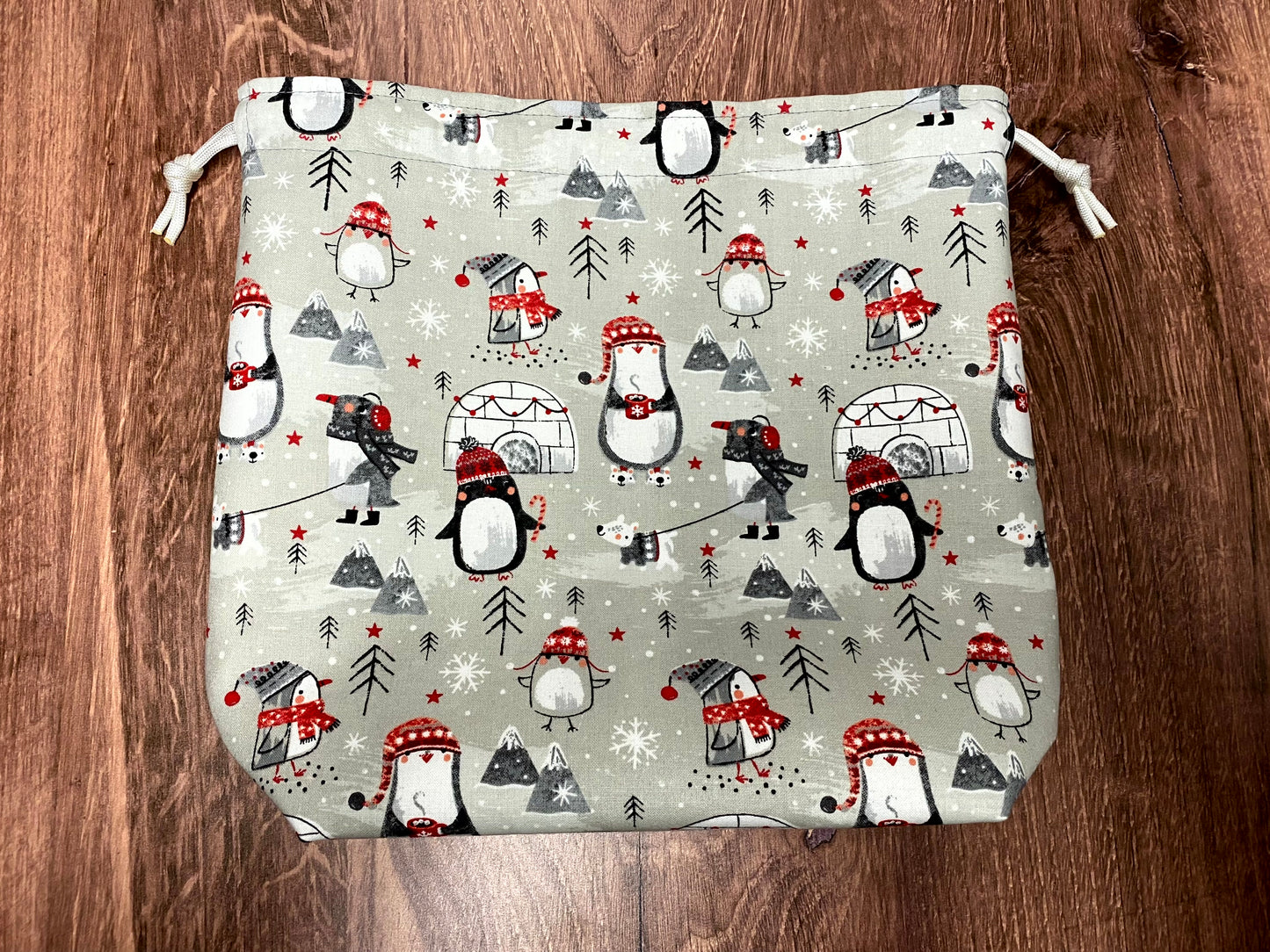 Penguin Project Bag - Drawstring Bag – Knitting Bag – Crochet Bag - Toy Sack - Bingo Bag – Cross Stitch Bag - Birds - Winter - Gray