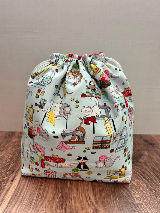 Sewing Cat Project Bag - Drawstring Bag – Knitting Bag – Crochet Bag - Cross Stitch Bag - Bingo Bag - Craft Bag