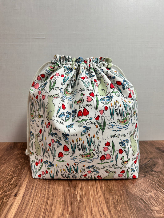 Rabbit Project Bag - Handmade - Drawstring Bag – Knitting Bag – Crochet Bag - Cross Stitch Bag - Bingo Bag - Bunny - Woodland - Floral