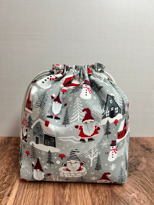 Christmas Gnome Project Bag - Handmade - Drawstring Bag – Knitting Bag – Crochet Bag - Yarn Tote - Bingo Bag – Cross Stitch Bag – Winter