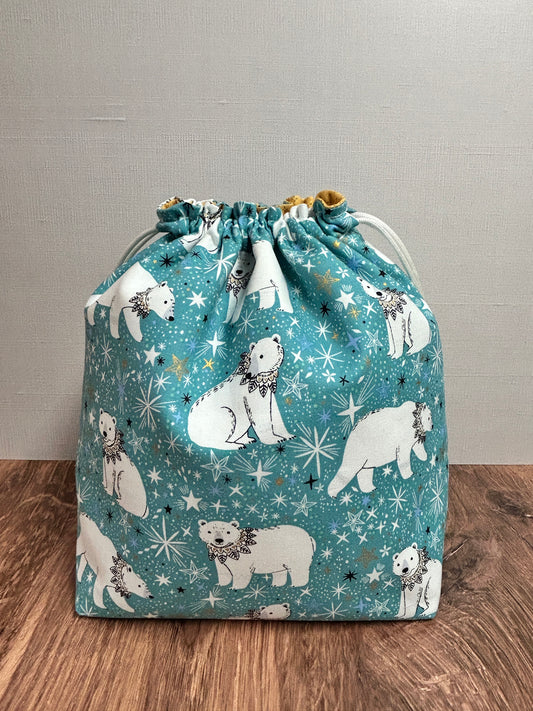 Arctic Polar Bear Project Bag - Drawstring Bag – Knitting Bag – Crochet Bag - Toy Sack - Cross Stitch Bag - Gift Bag - Craft Bag