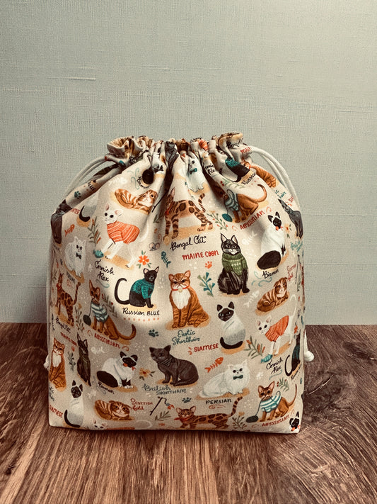 Cat Project Bag - Drawstring Bag – Knitting – Crochet - Cross Stitch Bag - Bingo Bag - Breeds - Siamese - Maine Coon - Persian - Bengal