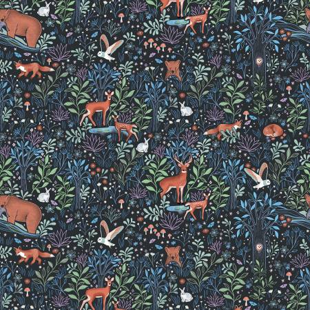 Studio E Woodland Fabric - Woodland Magic by Ashley Satanosky Collection - Dk. Navy Woodland Magic Scenic- #8001S-79 - Cotton