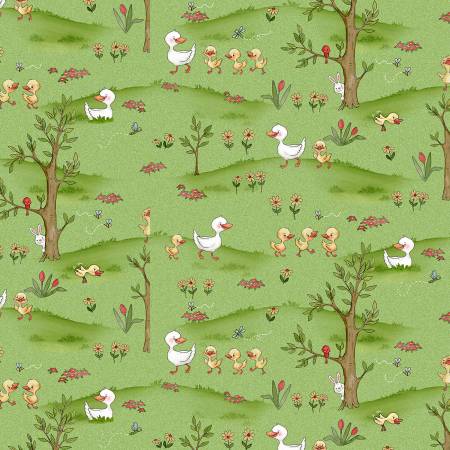Henry Glass Duck Fabric - River Romp by Sharon Kuplack - Green Ducks in the Meadow - #864-66 - Cotton Fabric