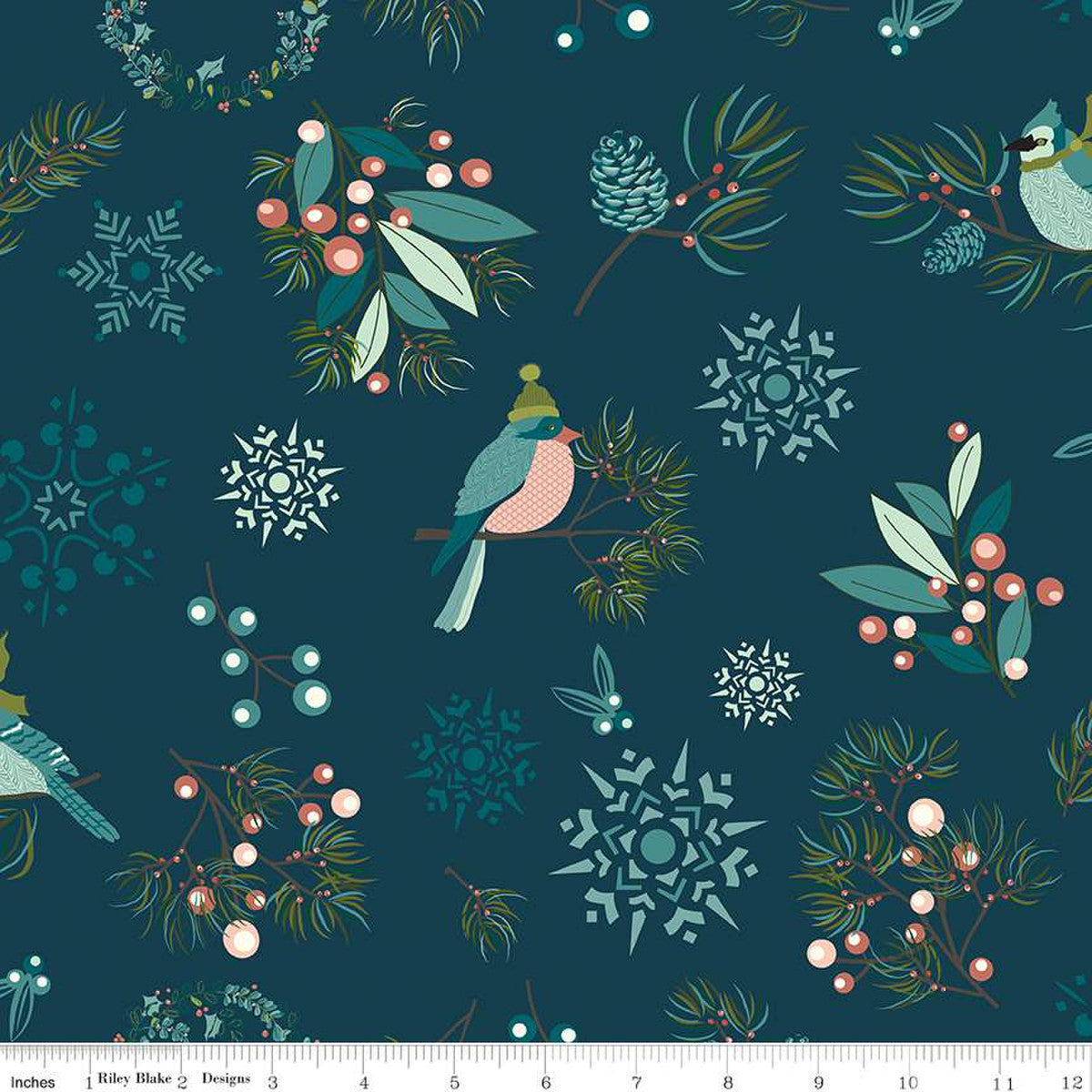 Riley Blake Fabric - Arrival of Winter Main Navy - Sandy Gervais - Cotton Fabric - Bird - Floral