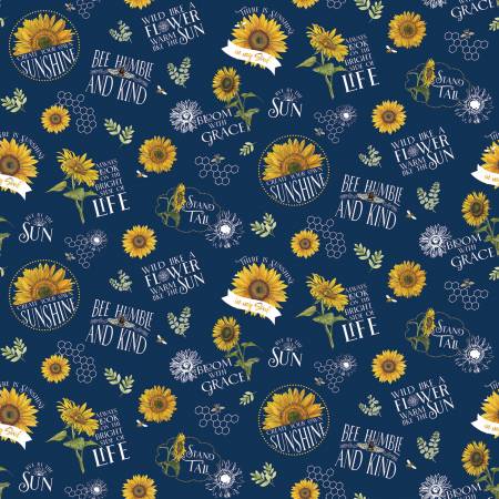 Riley Blake Sunflower Fabric - Honey Bees and Flowers Please Main Navy by Tara Reed Collection - Cotton Fabric - #C15130R-NAVY