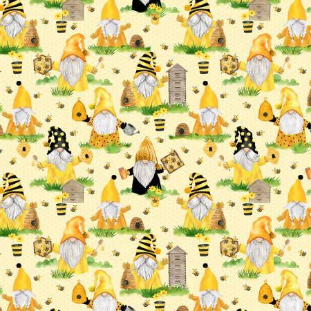 Timeless Treasures Gnome Fabric - Yellow Beekeeper Gnomes - Home is Where My Honey is by Gail Cadden Collection #CD1849 - Cotton