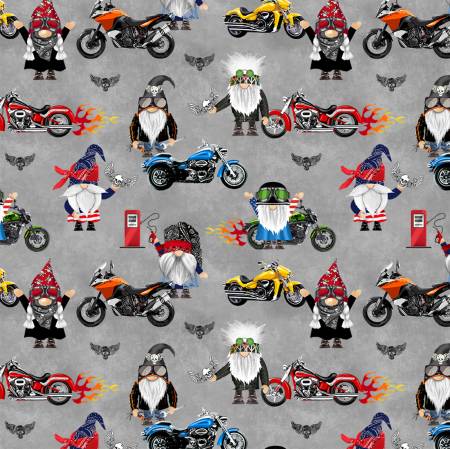 Timeless Treasures Grey Biker Gnomes Gnomes Fabric - Bad to the Gnome - CD2511 - GREY - Cotton Fabric
