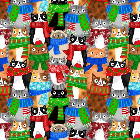 Timeless Treasures Holiday Cat Fabric - Multi Cats With Holiday Scarf - CD2943-MULTI - Cool Cats & Treats - Gail Cadden - Cotton