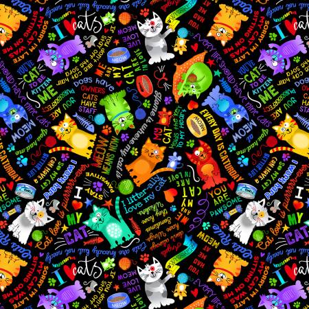 Timeless Treasures Cat Fabric -Black Rainbow Cats and Words - Cats - #CD3337- BLACK - Cotton Fabric