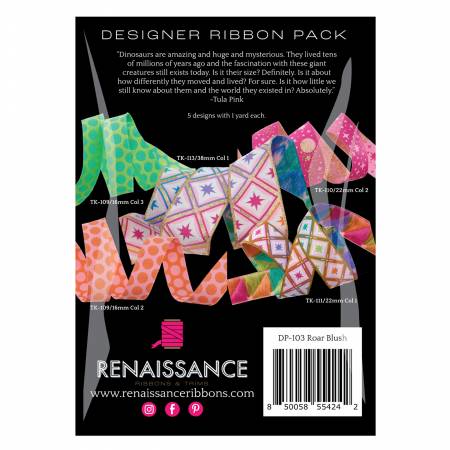 Tula Pink Roar Blush Designer Ribbon Pack - #DP-103-BLUSH - Renaissance Ribbons by Tula Pink - 5 Designs (I yard each)