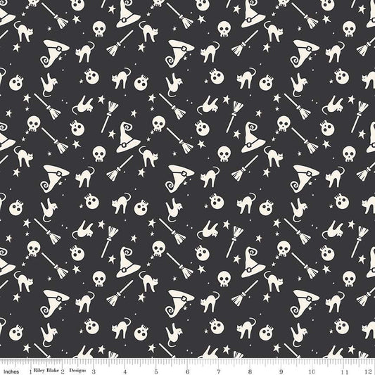 Riley Blake Fabric - Hey Bootiful Witch Icons Charcoal Glow in Dark - Cotton
