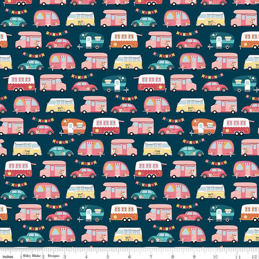 Riley Blake Fabric - Gone Glamping Campers Midnight - C14792 - Lori Whitlock - Cotton