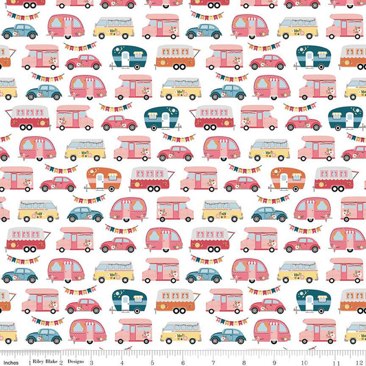 Riley Blake Fabric - Gone Glamping Campers White - C14792 - Lori Whitlock - Cotton