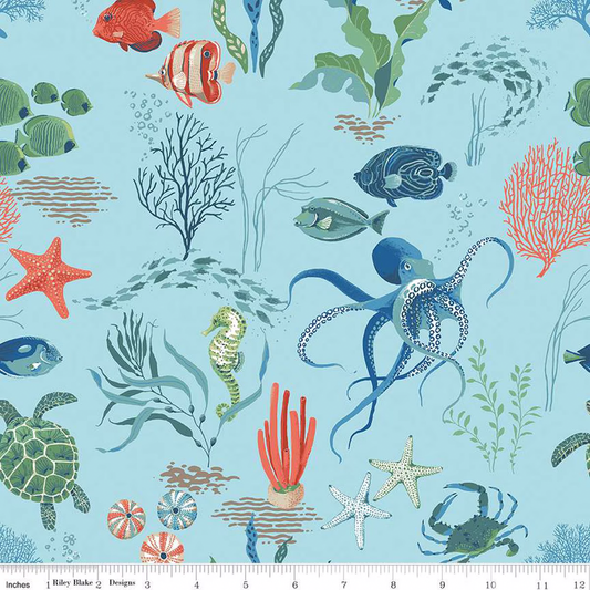 Riley Blake Fabric - Free as the Ocean Main Aqua - C14800 - Lisa Audit - Cotton