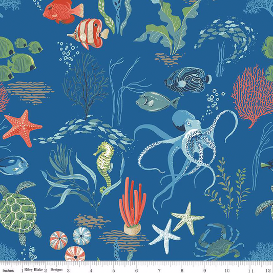 Riley Blake Fabric - Free as the Ocean Main Blue - C14800 - Lisa Audit - Cotton