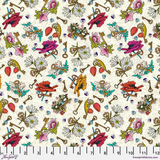 Free Spirit Fabric - Language of Flowers - Keys to Secrets - CREAM - PWOB104 - Odile BAilloeu - Cotton