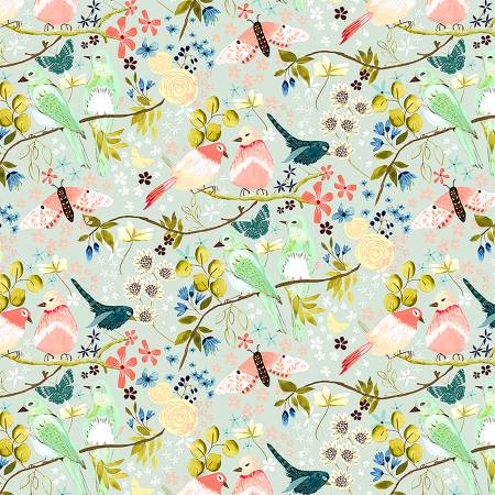 Poppie Cotton Bird Fabric - Grey Morning Song - Serenity Blooms by Ginger Deverell Collection - #SR24502 - Cotton