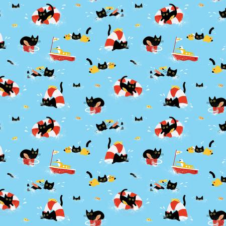 Dear Stella Cat Fabric - Sandy Paws - Multi Sea Cats - #ST-DLW2808MULTI - Cat - Black Cat - Cotton